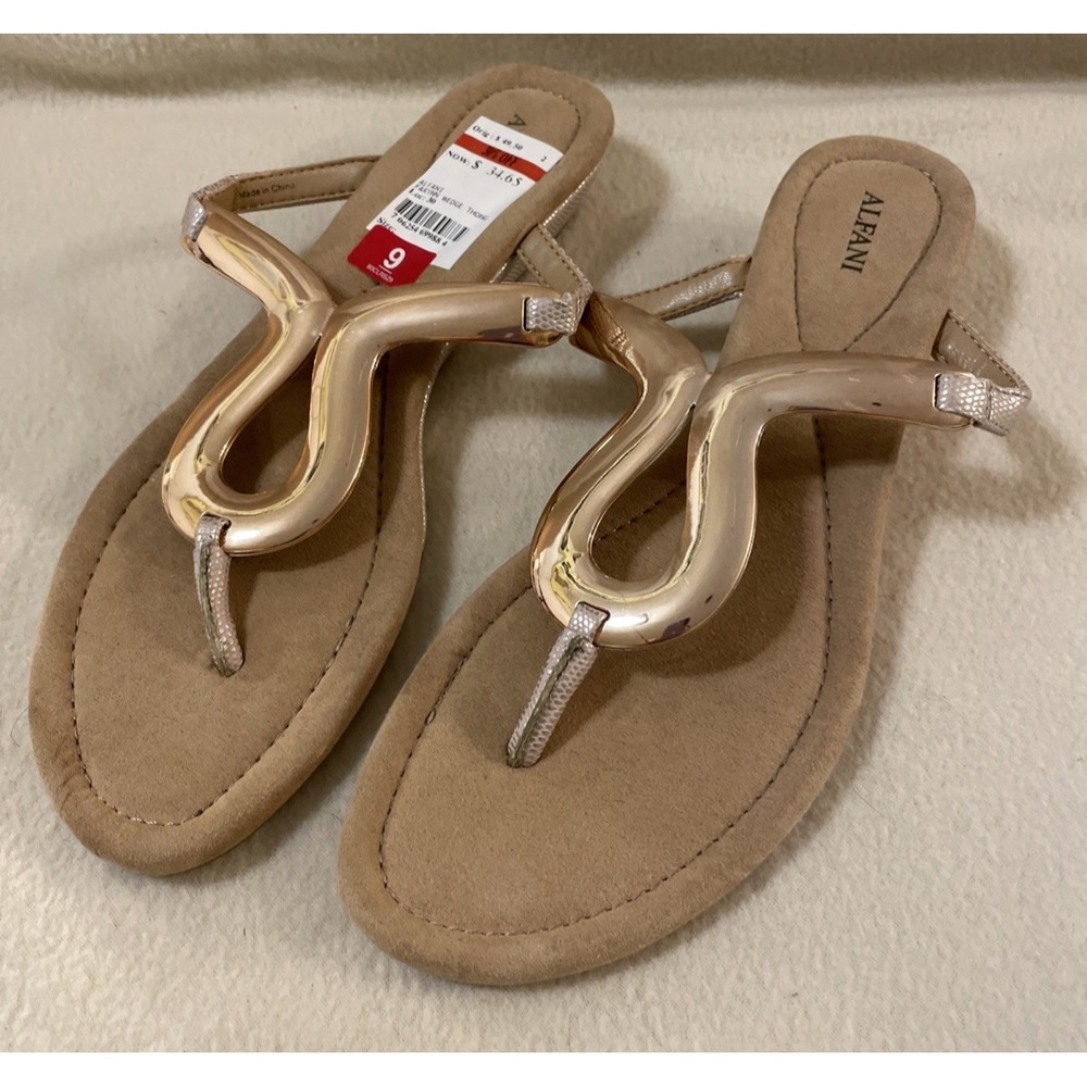 ALFANI Farynn Gold Tone Bronze Metal Open Toe Wedge Flip Flop Sandal Women Sz 9